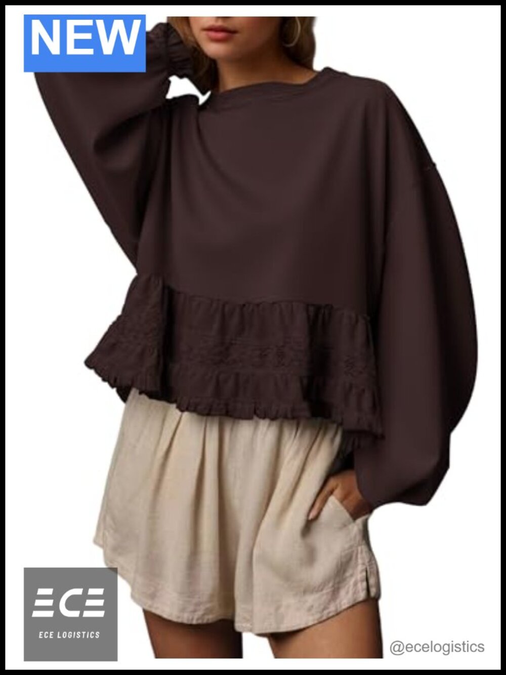 Oversized Crop Sweatshirt Lace Patchwork Puff Sleeve Babydoll Top